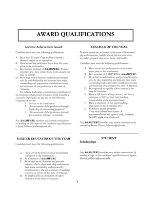 3
Lifetime Achievement Award
Candidate must meet the following qualifications:
A. Be at least 30 years of age and have earned a
Master’s degree or its equivalent.
B. Have served the profession for at least five years
prior to the nomination.
C. Be a current member of ArkAHPERD. Former
members who have retired from professional work
may be exempt.
D. Be of high moral character and personal integrity
who by their leadership and industry have made
outstanding and noteworthy contributions to the
advancement of our profession in the state of
Arkansas.
To indicate leadership or meritorious contributions,
the nominator shall present evidence of the nominee’s
successful experiences in any two of the following
categories of service:
1. Service to the association.
2. Advancement of the profession through
leadership of outstanding programs.
3. Advancement of the profession through
presentation, writings, or research.
Any ArkAHPERD member may submit nominations
by sending six (6) copies of the candidate’s qualifications
to Janet Forbess, jforbess@uark.edu.
TEACHER OF THE YEAR
Teacher awards are presented in the areas ofelementary
physical education, middle school physical education,
secondary physical education, dance, andhealth.
Candidate must meet the following qualifications:
A. Have served the profession for at least three
years prior to the nomination.
B. Be a member of AAHPERD & ArkAHPERD.
C. Be of high moral character and personal integrity
who by their leadership and industry have made
outstanding and noteworthy contributions to the
advancement of teaching in the state ofArkansas.
D. Be employed by a public school system in the
state of Arkansas.
E. Have a full time teaching contract, and have a
minimum of 60% of their total teaching
responsibility in the nominated area.
F. Have a minimum of five years teaching
experience in the nominated area.
G. Conduct a quality program.
They must submit three letters of
recommendation and agree to make complete
NASPE application if selected.
Any ArkAHPERD member may submit nominations by
contacting Bennie Prince, bfprince@ualr.edu.
HIGHER EDUCATOR OF THE YEAR
Candidate must meet the following qualifications:
Scholarships
STUDENT
A. Have served the profession for at least three
years prior to the nomination.
B. Be a member of ArkAHPERD
C. Be of high moral character and personal
integrity who by their leadership and industry
have made outstanding and noteworthy
contributions to the advancement of teaching,
research, or service in the state of Arkansas.
D. Be employed by an institution of higher
education in the state of Arkansas.
Any ArkAHPERD member may submit nominations by
sending a copy of the candidate’s qualifications to Agneta
Sibrava, asibrava@astate.edu.
AWARD QUALIFICATIONS
 