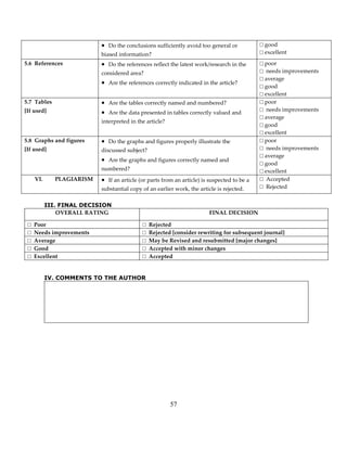 57
• Do the conclusions sufficiently avoid too general or
biased information?
□ good
□ excellent
5.6 References • Do the references reflect the latest work/research in the
considered area?
• Are the references correctly indicated in the article?
□ poor
□ needs improvements
□ average
□ good
□ excellent
5.7 Tables
[If used]
• Are the tables correctly named and numbered?
• Are the data presented in tables correctly valued and
interpreted in the article?
□ poor
□ needs improvements
□ average
□ good
□ excellent
5.8 Graphs and figures
[If used]
• Do the graphs and figures properly illustrate the
discussed subject?
• Are the graphs and figures correctly named and
numbered?
□ poor
□ needs improvements
□ average
□ good
□ excellent
VI. PLAGIARISM • If an article (or parts from an article) is suspected to be a
substantial copy of an earlier work, the article is rejected.
□ Accepted
□ Rejected
III. FINAL DECISION
OVERALL RATING FINAL DECISION
□ Poor □ Rejected
□ Needs improvements □ Rejected [consider rewriting for subsequent journal]
□ Average □ May be Revised and resubmitted [major changes]
□ Good □ Accepted with minor changes
□ Excellent □ Accepted
IV. COMMENTS TO THE AUTHOR
 
