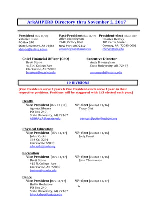 6
ArkAHPERD Directory thru November 3, 2017
President [thru 11/17] Past-President[thru 11/17] President-elect [thru 11/17]
Valarie Hilson Allen Mooneyhan Charles Hervey
PO Box 240 7648 Victory Blvd. 101 Farris Center
State University, AR 72467 New Port, AR72112 Conway, AR. 72035-0001
vhilson@astate.edum amooneyhan@asun.edu chervey@uca.edu
Chief Financial Officer (CFO) Executive Director
Brett Stone Andy Mooneyhan
415 N. College Ave State University, AR 72467
Clarksville, AR 72830
bastone@ozarks.edu amooneyh@astate.edu
[Vice Presidents serve 2 years & Vice President-elects serve 1 year, in their
respective positions. Positions will be staggered with 1/3 elected each year.]
Health
Vice President [thru 11/17] VP-elect [elected 11/16]
Agneta Sibrava Tracy Gist
PO Box 240
State University, AR 72467
ASIBRAVA@astate.edu tracy.gist@pottsvilleschools.org
Physical Education
Vice President [thru 11/17] VP-elect [elected 11/16]
John Kutko Jody Foust
334 Cr. 3291
Clarksville 72830
john.kutko@csdar.org
Recreation
Vice President [thru 11/17] VP-elect [elected 11/16]
Brett Stone John Thomasson
415 N. College Ave
Clarksville, AR 72830
bastone@ozarks.edu
Dance
Vice President [thru 11/17] VP-elect [elected 11/17]
Hollie Huckabee
PO Box 240
State University, AR 72467
hhuckabee@astate.edu
10 DIVISIONS
 