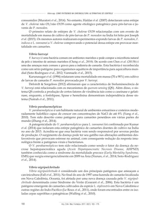 Arq. Ciên. Mar, Fortaleza, 2017, 50(1): 163 - 179168
Vibrio spp. COMO PATÓGENOS NA CARCINICULTURA: ALTERNATIVAS DE CONTROLE
consumidor (Muratori et al., 2014). No entanto, Haldar et al. (2007) detectaram uma estirpe
de V. cholerae não O1/não O139 como agente etiológico patogênico para pós-larvas e ju-
venis de P. monodon.
O primeiro relato de estirpes de V. cholerae O139 relacionadas com um evento de
mortalidade em massa de cultivo de pós-larvas de P. monodon na Índia foi feito por Joseph
et al. (2015). Os mesmos autores realizaram experimentos expondo larvas de P. monodon, F.
indicus e L. vannamei a V. cholerae comprovando o potencial dessa estirpe em provocar mor-
talidade em camarões.
Vibrio harveyi
V. harveyi é uma bactéria comum em ambientes marinhos e pode compor a microbiota natural
da pele e intestino de animais marinhos (Cheng et al., 2010). De acordo com Chen et al. (2015b) é
uma das ameaças mais comuns e graves para a indústria do camarão. Esta bactéria é reconhecida
como um sério patógeno para organismos aquáticos de importância para aquicultura mun-
dial (Soto-Rodriguez et al., 2012; Vanmaele et al., 2015).
Karunasagar et al. (1994) relataram uma mortalidade em massa (70 a 90%) em cultivo
de larvas de camarão P. monodon provocada por V. harveyi.
Defoirdt & Sorgeloos (2012) afirmaram que a caracteristica de bioluminescência de
V. harveyi está relacionada com os mecanismos de quorum-sensing (QS). Além disso, o sis-
tema QS controla a produção de certos fatores de virulência tais como a caseinase e gelati-
nase, enquanto, a fosfolipase, lipase e hemolisina demonstram independência desse sis-
tema (Natrah et al., 2011).
Vibrio parahaemolyticus
V. parahaemolyticus é um habitante natural de ambientes estuarinos e costeiros mode-
radamente halofílico capaz de crescer em concentrações de NaCl de até 8% (Yang et al.,
2010). Tem sido descrito como patógeno para camarões peneídeos em várias partes do
mundo (Zhang et al., 2014).
A patogenicidade do V. parahaemolyticus para L. vannamei foi confirmada por Kumar
et al. (2014) que isolaram esta estirpe patogênica de camarões doentes de cultivo na Índia
no ano de 2013. Acredita-se que essa bactéria vem sendo responsável por severas perdas
de produção. O surgimento da doença pode ter seu gatilho nas alterações ambientais des-
favoráveis que provocam estresse no animal, com consequente redução da resposta imu-
nológica frente a patógenos virais e bacterianos.
O V. parahaemolyticus tem sido relacionado como sendo o fator da doença da ne-
crose hepatopancreática aguda (Acute Hepatopancreatic Necrosis Disease, AHPND)
também conhecida como a síndrome da mortalidade precoce (Early Mortality Syndrome,
EMS) que surgiu emergencialmente em 2009 na Ásia (Nunan, et al., 2014; Soto-Rodriguez
et al., 2014).
Vibrio nigripulchritudo
Vibrio nigripulchritudo é considerado um dos principais patógenos que ameaçam a
carcinicultura (Fall et al., 2011). No final do ano de 1997 uma fazenda de camarão localizada
em Nova Caledônia, Oceania, foi afetada por uma nova doença causada pelo V. nigripul-
chritudo denominada como Síndrome do Verão (Goarant et al., 2006). Esta bactéria é um
patógeno emergente de camarões cultivados da espécie L. stylirostris em Nova Caledônia e
outras regiões do Indo-Pacífico (Le Roux et al., 2011), onde foram encontrados entre os iso-
ladas cepas saprófitas e patogênicas (Walling et al., 2010).
 
