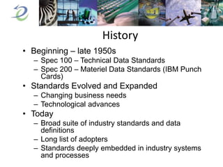 History
• Beginning – late 1950s
– Spec 100 – Technical Data Standards
– Spec 200 – Materiel Data Standards (IBM Punch
Cards)
• Standards Evolved and Expanded
– Changing business needs
– Technological advances
• Today
– Broad suite of industry standards and data
definitions
– Long list of adopters
– Standards deeply embedded in industry systems
and processes
 
