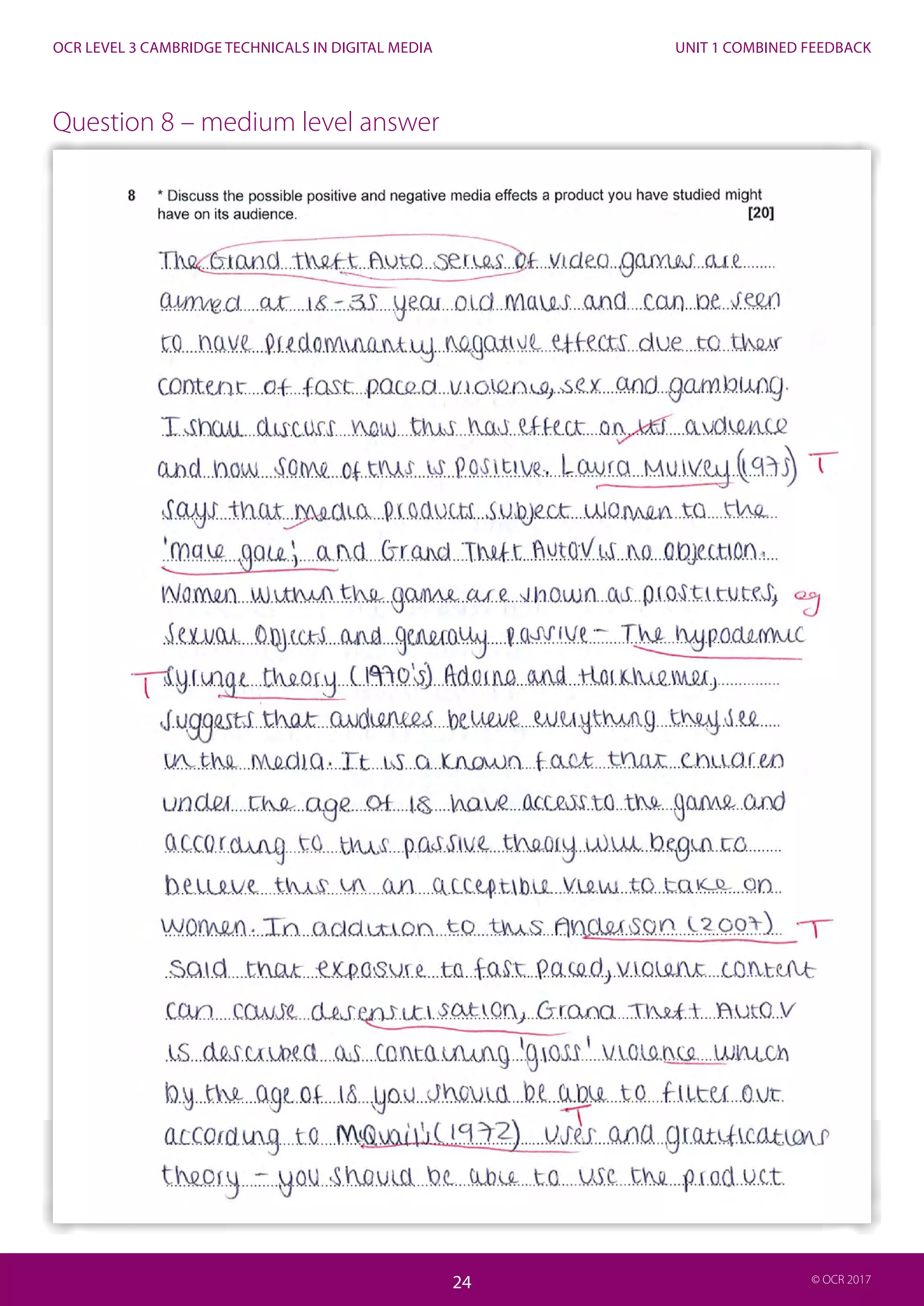 UNIT 1 COMBINED FEEDBACK
24
OCR LEVEL 3 CAMBRIDGE TECHNICALS IN DIGITAL MEDIA
24 © OCR 2017
Question 8 – medium level answer
 