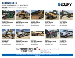 EQUIPMENT LENDING | COMMERCIAL INSURANCE SERVICES | HEAVY EQUIPMENT AUCTIONS | APPRAISAL SERVICES | COMMERCIAL REAL ESTATE LENDING
equifyllc.com
2013 JOHN DEERE
310K EP 4x4 LOADER BACKHOE
Sold For $36,500
Buyer Location: Arizona
2010 CATERPILLAR
336D EXCAVATOR
Sold For $82,500
Buyer Location: Hong Kong
1998 EUCLID
R60 15,000 GALWATERTRUCK
Sold For $40,000
Buyer Location:Texas
2008 PETERBILT
388TRI-AXLETRUCKTRACTOR
Sold For $55,000
Buyer Location:Texas
1987 CATERPILLAR
D9L CRAWLERTRACTOR
Sold For $92,500
Buyer Location: Mexico
2000TALBERT
51TONTRI-AXLE RGN LOWBOY
Sold For $30,000
Buyer Location:Texas
2014VOLVO
EC160DL EXCAVATOR
Sold For $65,000
Buyer Location: Pennsylvania
CASE 215
PUMA 4x4 UTILITYTRACTOR
Sold For $48,500
Buyer Location:Texas
2013 JOHN DEERE
210GLC EXCAVATOR
Sold For $83,000
Buyer Location:Texas
2010 PETERBILT
335 SERVICETRUCK
Sold For $75,000
Buyer Location: Ohio
AUCTION RESULTS
AUCTION DETAILS: August 29, 2017 . Wills Point, TX
HIGHLIGHTS [see full list of auction results at equifyauctions.com]
We Strengthen Your Business
HAVEEQUIPMENTTOBUYORSELL?
THECHOICEISYOURS.
Three ways to get the equipment you need, when you need it:
Absolute Live Auctions
Timed Auctions (online only)
Buy Now Marketplace (online only)
 