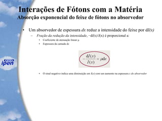 Interações de Fótons com a Matéria
Absorção exponencial do feixe de fótons no absorvedor
• Um absorvedor de espessura dx reduz a intensidade do feixe por dI(x)
– Fração da redução da intensidade, −dI(x)/I(x) é proporcional a:
• Coeficiente de atenuação linear μ
• Espessura da camada dx
• O sinal negativo indica uma diminuição em I(x) com um aumento na espessura x do absorvedor
 