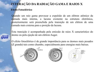 Efeito Fotoelétrico
INTERAÇÃO DA RADIAÇÃO GAMA E RAIOS X
Quando um raio gama provocar a expulsão de um elétron atômico da
camada mais interna, a lacuna existente na estrutura eletrônica,
posteriormente será preenchida pela transição de um elétron de uma
camada mais externa para a posição da lacuna.
Esta transição é acompanhada pela emissão de raios X característico do
átomo ou pela ejeção de um elétron Auger.
O efeito fotoelétrico é de grande importância para os átomos mais pesados
(Z grande) tais como chumbo, especialmente para energias mais baixas.
 