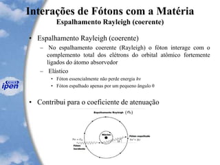 Interações de Fótons com a Matéria
Espalhamento Rayleigh (coerente)
• Espalhamento Rayleigh (coerente)
– No espalhamento coerente (Rayleigh) o fóton interage com o
complemento total dos elétrons do orbital atômico fortemente
ligados do átomo absorvedor
– Elástico
• Fóton essencialmente não perde energia hν
• Fóton espalhado apenas por um pequeno ângulo θ
• Contribui para o coeficiente de atenuação
 