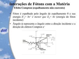 Interações de Fótons com a Matéria
Efeito Compton (espalhamento não coerente)
• Fóton é espalhado pelo ângulo de espalhamento θ e sua
energia E'γ= hν‘ é menor que Eγ= hν (energia do fóton
incidente)
• Ângulo  representa o ângulo entre a direção incidente e a
direção do elétron Compton e−
 