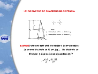 LEI DO INVERSO DO QUADRADO DA DISTÂNCIA
Exemplo: Um feixe tem uma intensidade de 60 unidades
(I1 ) numa distância de 40 cm. (d1 ). Na distância de
50cm (d2 ), qual será sua intensidade (I2)?
I
d I
d2
1
2
1
2
2
2
2
40 60
50
= =
.
 