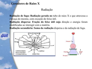 Geradores de Raios X
Radiação
Radiação de fuga: Radiação gerada no tubo de raios X e que atravessa a
carcaça do mesmo, com exceção do feixe útil.
Radiação dispersa: Fração do feixe útil cuja direção e energia foram
modificadas ao interagir com a matéria.
Radiação secundária: Soma da radiação dispersa e da radiação de fuga.
 