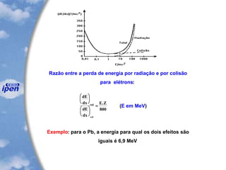 Razão entre a perda de energia por radiação e por colisão
para elétrons:
dE
dx
dE
dx
E Zrad
col












=
.
800
(E em MeV)
Exemplo: para o Pb, a energia para qual os dois efeitos são
iguais é 6,9 MeV
 