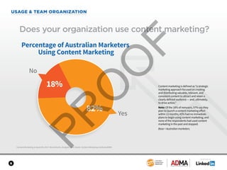 SPONSORED BY
6
USAGE & TEAM ORGANIZATION
Content Marketing in Australia 2017: Benchmarks, Budgets, and Trends: Content Marketing Institute/ADMA
Does your organization use content marketing?
Content marketing is defined as “a strategic
marketing approach focused on creating
and distributing valuable, relevant, and
consistent content to attract and retain a
clearly defined audience — and, ultimately,
to drive action.”
Note: Of the 18% of nonusers, 57% say they
plan to launch a content marketing effort
within 12 months; 43% had no immediate
plans to begin using content marketing; and
none of the respondents had used content
marketing in the past and stopped.
Base = Australian marketers.
82% Yes
18%
No
Percentage of Australian Marketers
Using Content Marketing
 