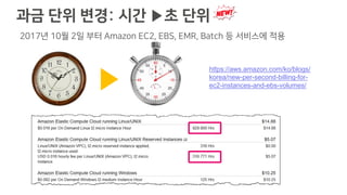 과금 단위 변경: 시간 ▶초 단위
https://aws.amazon.com/ko/blogs/
korea/new-per-second-billing-for-
ec2-instances-and-ebs-volumes/
2017년 10월 2일 부터 Amazon EC2, EBS, EMR, Batch 등 서비스에 적용
▶
 