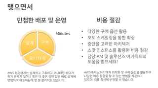 맺으면서
• 다양한 구매 옵션 활용
• 오토 스케일링을 통한 확장
• 중단을 고려한 아키텍처
• 스팟 인스턴스를 활용한 비용 절감
• 담당 AM 및 솔루션즈 아키텍트의
도움을 받으세요!
구축
모니터링
설계
Minutes
민첩한 배포 및 운영
AWS 환경에서는 설계하고 구축하고 모니터링 하다가
뭔가 문제가 있거나 혹은 더 좋은 것이 있면 바로 설계에
반영하여 배포하는데 몇 분 걸리지도 않습니다.
비용 절감
AWS에서는 아키텍처 최적화 및 구매 옵션을 활용하여
다양한 비용 절감을 할 수 있는 방법을 제공하고
있으며, 이를 즉시에 반영할 수 있습니다.
 
