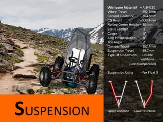 SUSPENSION
Wishbone Material – AISI4130
Wheel Travel – 292.1mm
Ground Clearance – 304.8mm
CG Height – 533.4mm
Rolling Centre Height – 304mm
Static Camber - -2˚
Caster - 5˚
King Pin Inclination - 8˚
Toe Angle - 2˚
Damper Travel - 152.4mm
Suspension Travel - 39.7mm
Type Of Suspension - Double
wishbone
(unequal/parallel)
Suspension Using - Fox Float 3
Upper wishbone Lower wishbone
 