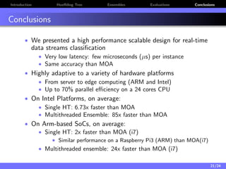 Introduction Hoeﬀding Tree Ensembles Evaluations Conclusions
Conclusions
• We presented a high performance scalable design for real-time
data streams classiﬁcation
• Very low latency: few microseconds (µs) per instance
• Same accuracy than MOA
• Highly adaptive to a variety of hardware platforms
• From server to edge computing (ARM and Intel)
• Up to 70% parallel eﬃciency on a 24 cores CPU
• On Intel Platforms, on average:
• Single HT: 6.73x faster than MOA
• Multithreaded Ensemble: 85x faster than MOA
• On Arm-based SoCs, on average:
• Single HT: 2x faster than MOA (i7)
• Similar performance on a Raspberry Pi3 (ARM) than MOA(i7)
• Multithreaded ensemble: 24x faster than MOA (i7)
21/24
 