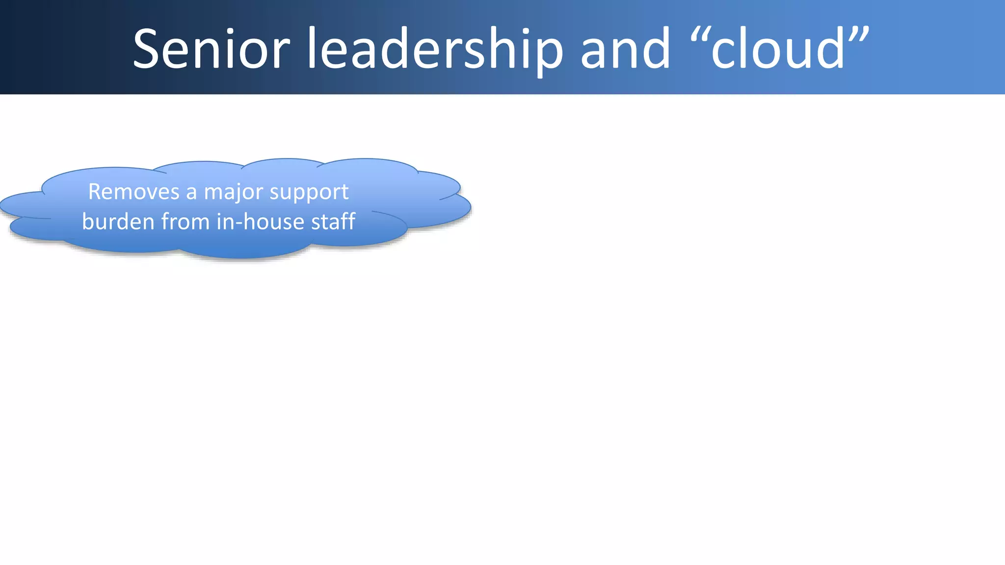 Senior leadership and “cloud”
Removes a major support
burden from in-house staff
 