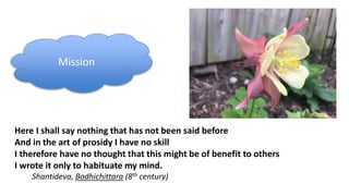 Here I shall say nothing that has not been said before
And in the art of prosidy I have no skill
I therefore have no thought that this might be of benefit to others
I wrote it only to habituate my mind.
Shantideva, Bodhichittara (8th century)
Mission
 