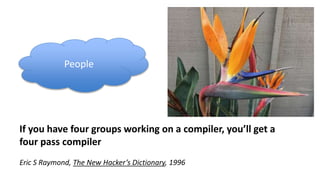 If you have four groups working on a compiler, you’ll get a
four pass compiler
Eric S Raymond, The New Hacker’s Dictionary, 1996
People
 