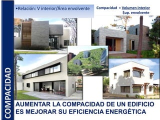 AUMENTAR LA COMPACIDAD DE UN EDIFICIO
ES MEJORAR SU EFICIENCIA ENERGÉTICA
Compacidad = Volumen interior
$up. envolvente
COMPACIDAD •Relación: V interior/Área envolvente
 