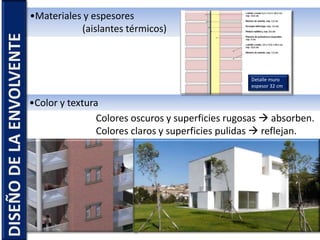 •Color y textura
Colores oscuros y superficies rugosas  absorben.
Colores claros y superficies pulidas  reflejan.
•Materiales y espesores
(aislantes térmicos)
Detalle muro
espesor 32 cm
DISEÑODELAENVOLVENTE
 