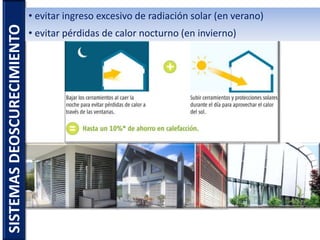 SISTEMASDEOSCURECIMIENTO • evitar ingreso excesivo de radiación solar (en verano)
• evitar pérdidas de calor nocturno (en invierno)
 