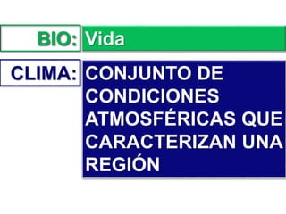 BIO: Vida
CLIMA: CONJUNTO DE
CONDICIONES
ATMOSFÉRICAS QUE
CARACTERIZAN UNA
REGIÓN
 