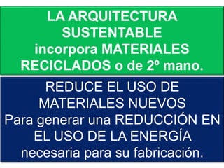 REDUCE EL USO DE
MATERIALES NUEVOS
Para generar una REDUCCIÓN EN
EL USO DE LA ENERGÍA
necesaria para su fabricación.
LA ARQUITECTURA
SUSTENTABLE
incorpora MATERIALES
RECICLADOS o de 2º mano.
 