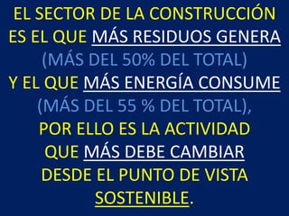 EL SECTOR DE LA CONSTRUCCIÓN
ES EL QUE MÁS RESIDUOS GENERA
(MÁS DEL 50% DEL TOTAL)
Y EL QUE MÁS ENERGÍA CONSUME
(MÁS DEL 55 % DEL TOTAL),
POR ELLO ES LA ACTIVIDAD
QUE MÁS DEBE CAMBIAR
DESDE EL PUNTO DE VISTA
SOSTENIBLE.
 
