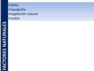 •clima
•topografía
•vegetación natural
•ruidos
FACTORESNATURALES
 