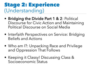 Stage 2: Experience
(Understanding)
• Bridging the Divide Part 1 & 2: Political
Discourse for Civic Action and Maintaining
Political Discourse on Social Media
• Interfaith Perspectives on Service: Bridging
Beliefs and Actions
• Who am I?: Unpacking Race and Privilege
and Oppression That Follows
• Keeping it Classy! Discussing Class &
Socioeconomic Status
 