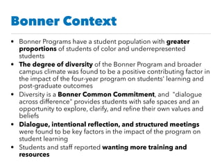 Bonner Context
• Bonner Programs have a student population with greater
proportions of students of color and underrepresented
students
• The degree of diversity of the Bonner Program and broader
campus climate was found to be a positive contributing factor in
the impact of the four-year program on students' learning and
post-graduate outcomes
• Diversity is a Bonner Common Commitment, and  "dialogue
across difference" provides students with safe spaces and an
opportunity to explore, clarify, and reﬁne their own values and
beliefs
• Dialogue, intentional reﬂection, and structured meetings
were found to be key factors in the impact of the program on
student learning
• Students and staff reported wanting more training and
resources
 