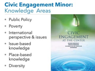 Civic Engagement Minor:
Knowledge Areas
• Public Policy
• Poverty
• International
perspective & issues
• Issue-based
knowledge
• Place-based
knowledge
• Diversity
 