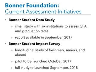 Bonner Foundation:
Current Assessment Initiatives
• Bonner Student Data Study
‣ small study with six institutions to assess GPA
and graduation rates
‣ report available in September, 2017
• Bonner Student Impact Survey
‣ longitudinal study of freshmen, seniors, and
alumni
‣ pilot to be launched October, 2017
‣ full study to launched September, 2018
 