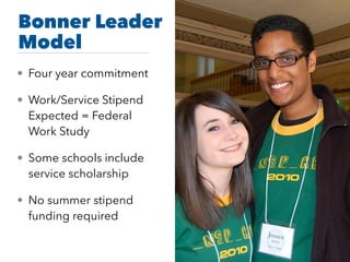Bonner Leader
Model
• Four year commitment
• Work/Service Stipend
Expected = Federal
Work Study
• Some schools include
service scholarship
• No summer stipend
funding required
 