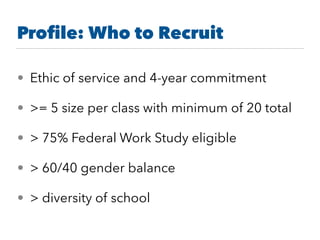 Proﬁle: Who to Recruit
• Ethic of service and 4-year commitment
• >= 5 size per class with minimum of 20 total
• > 75% Federal Work Study eligible
• > 60/40 gender balance
• > diversity of school
 