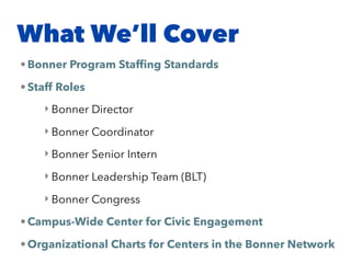 What We’ll Cover
•Bonner Program Stafﬁng Standards
•Staff Roles
‣ Bonner Director
‣ Bonner Coordinator
‣ Bonner Senior Intern
‣ Bonner Leadership Team (BLT)
‣ Bonner Congress
•Campus-Wide Center for Civic Engagement
•Organizational Charts for Centers in the Bonner Network
 