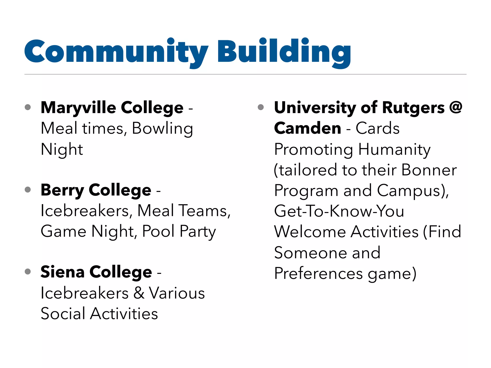 Community Building
• Maryville College -
Meal times, Bowling
Night
• Berry College -
Icebreakers, Meal Teams,
Game Night, Pool Party
• Siena College -
Icebreakers & Various
Social Activities
• University of Rutgers @
Camden - Cards
Promoting Humanity
(tailored to their Bonner
Program and Campus),
Get-To-Know-You
Welcome Activities (Find
Someone and
Preferences game)
 