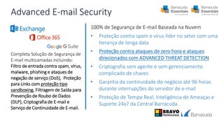Advanced E-mail Security
100% de Segurança de E-mail Baseada na Nuvem
• Proteção contra spam e vírus líder no setor com uma
herança de longa data
• Proteção contra ataques de zero hora e ataques
direcionados com ADVANCED THREAT DETECTION
• Criptografia sem agente e sem gerenciamento
complicado de chaves
• Garantia da continuidade do negócio até 96 horas
durante interrupções do servidor de e-mail
• Proteção de Tempo Real, Inteligência de Ameaças e
Suporte 24x7 da Central Barracuda.
Completa Solução de Segurança de
E-mail multicamadas incluindo:
Filtro de entrada contra spam, vírus,
malware, phishing e ataques de
negação de serviço (DoS), Proteção
para Links com proteção tipo
sandboxing, Filtragem de Saída para
Prevenção de Roubo de Dados
(DLP), Criptografia de E-mail e
Serviço de Continuidade de E-mail.
 