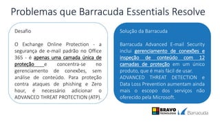 Problemas que Barracuda Essentials Resolve
Desafio
O Exchange Online Protection - a
segurança de e-mail padrão no Office
365 - é apenas uma camada única de
proteção e concentra-se no
gerenciamento de conexões, sem
análise de conteúdo. Para proteção
contra ataques de phishing e Zero
hour, é necessário adicionar o
ADVANCED THREAT PROTECTION (ATP).
Solução da Barracuda
Barracuda Advanced E-mail Security
inclui gerenciamento de conexões e
inspeção de conteúdo com 12
camadas de proteção em um único
produto, que é mais fácil de usar.
ADVANCED THREAT DETECTION e
Data Loss Prevention aumentam ainda
mais o escopo dos serviços não
oferecido pela Microsoft.
 