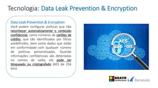 Tecnologia: Data Leak Prevention & Encryption
Data Leak Prevention & Encryption
Você podem configurar políticas que irão
reconhecer automaticamente o conteúdo
confidencial, como números de cartões de
crédito, que são identificados por filtros
predefinidos, bem como dados que estão
em conformidade com qualquer número
de políticas personalizadas. Quando
informações confidenciais são detectadas
no correio de saída, ele pode ser
bloqueado ou criptografado (AES de 256
bits).
 