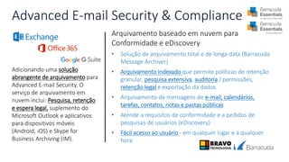Advanced E-mail Security & Compliance
Adicionando uma solução
abrangente de arquivamento para
Advanced E-mail Security. O
serviço de arquivamento em
nuvem inclui: Pesquisa, retenção
e espera legal, suplemento do
Microsoft Outlook e aplicativos
para dispositivos móveis
(Android, iOS) e Skype for
Business Archiving (IM).
Arquivamento baseado em nuvem para
Conformidade e eDiscovery
• Solução de arquivamento total e de longa data (Barracuda
Message Archiver)
• Arquivamento indexado que permite políticas de retenção
granular, pesquisa extensiva, auditoria / permissões,
retenção legal e exportação da dados.
• Arquivamento de mensagens de e-mail, calendários,
tarefas, contatos, notas e pastas públicas
• Atende a requisitos de conformidade e a pedidos de
pesquisas de usuários (eDiscovery)
• Fácil acesso ao usuário - em qualquer lugar e a qualquer
hora
 