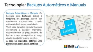Tecnologia: Backups Automáticos e Manuais
Backups Automáticos e Manuais: Os
backups para Exchange Online e
OneDrive for Business podem ser
totalmente automatizados criando
rotinas de backup personalizáveis.
Você pode também executar backups
on-demand a qualquer momento.
Opcionalmente, as programações de
backup podem ser repetidas ao longo
do dia tão rápido quanto possível.
A cada 60 segundos, obtendo uma
proteção de dados quase contínua.
 
