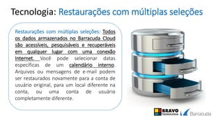 Tecnologia: Restaurações com múltiplas seleções
Restaurações com múltiplas seleções: Todos
os dados armazenados no Barracuda Cloud
são acessíveis, pesquisáveis e recuperáveis
em qualquer lugar com uma conexão
Internet. Você pode selecionar datas
específicas de um calendário interno.
Arquivos ou mensagens de e-mail podem
ser restaurados novamente para a conta de
usuário original, para um local diferente na
conta, ou uma conta de usuário
completamente diferente.
 