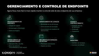 INVENTÁRIO
— Inventário de Hardware
— Inventário de Software
IMPLEMENTAÇÃO AVANÇADA
DE PATCHES
— Priorização automatizada
— Opções de reboot
GERENCIAMENTO DE
VULNERABILIDADES
— Aplicações MS e não-MS
— Banco de dados de
vulnerabilidades de 300 vendors
ACESSO E
CONTROLE REMOTO
— Instalação Remota
de Aplicações
— Atualização
— Troubleshoot
GERENCIAMENTO DE LICENÇAS
— Monitoração de uso de licenças
— Gerenciamento de renovações
— Gerenciamento de compliance de
licenciamento
PROVISIONAMENTO DE
ENDPOINTS
— Criação de imagens
— Armazenagem e Atualização
— Deploy de Imagens
Agora ficou mais fácil e mais rápido manter o ciclo de vida de dos endpoints de sua empresa
GERENCIAMENTO E CONTROLE DE ENDPOINTS
 