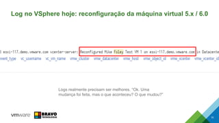 Log no VSphere hoje: reconfiguração da máquina virtual 5.x / 6.0
32
Logs realmente precisam ser melhores. “Ok. Uma
mudança foi feita, mas o que aconteceu? O que mudou?”
 
