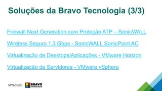 Soluções da Bravo Tecnologia (3/3)
Firewall Next Generation com Proteção ATP – SonicWALL
Wireless Seguro 1,3 Gbps - SonicWALL SonicPoint AC
Virtualização de Desktops/Aplicações - VMware Horizon
Virtualização de Servidores - VMware vSphere
 