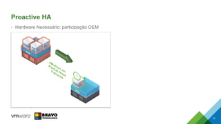 Proactive HA
• Hardware Necessário: participação OEM
• Detectar as condições de hardware dos
componentes do host recebendo alertas da
solução de monitoramento do fornecedor de
hardware
– Dell Openmanage
– HP Insight Manager
– Cisco UCS Manager
• Notificações de host afetadas, seu estado
atual, causas de erro, gravidade e etapas
de remediação física
• VMs vMotion de hosts parcialmente
degradados
– Configurável com base no tipo de falha
51
 