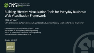 Building Effective Visualization Tools for Everyday Business:
Web Visualization Framework
1
Cyberinfrastructure for Network Science Center
Department of Intelligent Systems Engineering
School of Informatics, Computing, and Engineering
Indiana University, Bloomington, USA
October 18, 2017
Olga Scrivner
with contributions by Adam Simpson, Gagandeep Singh, Jivitesh Poojary, Sara Bouchard, and Katy Börner
 