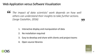 12
Web Application versus Software Visualization
1. Interactive display and manipulation of data
2. No installation required
3. Easy to develop and share with clients and project teams
4. Open source libraries
The impact of data scientists' work depends on how well
others can understand their insights to take further actions.
(Jorge Castañón, 2016)
 