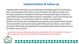 Implementation and follow-up are frequently overlooked aspects to the business
plan, yet enormously vital to the success of the plan. Set dates (annually, semi-
annually, quarterly, or monthly) to review your business plans goals: are you on
track? Were the goals reasonable to achieve, impossible, or too easy? How do you
measure success—is it by revenue, profit, or number of transactions?
And last, how do you plan to implement your business plan’s goals? When will you
review and refine your business plan goals? What process will you use to review
your goals? What types of quantitative and qualitative data will you collect and use
to measure your success?
Implementation & Follow-up
I would like to see your individual business plans by December 15th. We will revisit in June and
again in November. We can also schedule times throughout the year as needed.
 